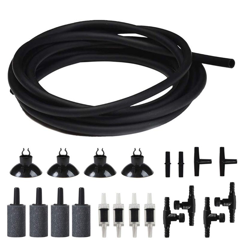 JIH Aquarium Air Pump Accessories Set -25 Feet Airline Tubing Black Standard, Air Stones,Check Valves, Suction Cups and Connectors - Image 1